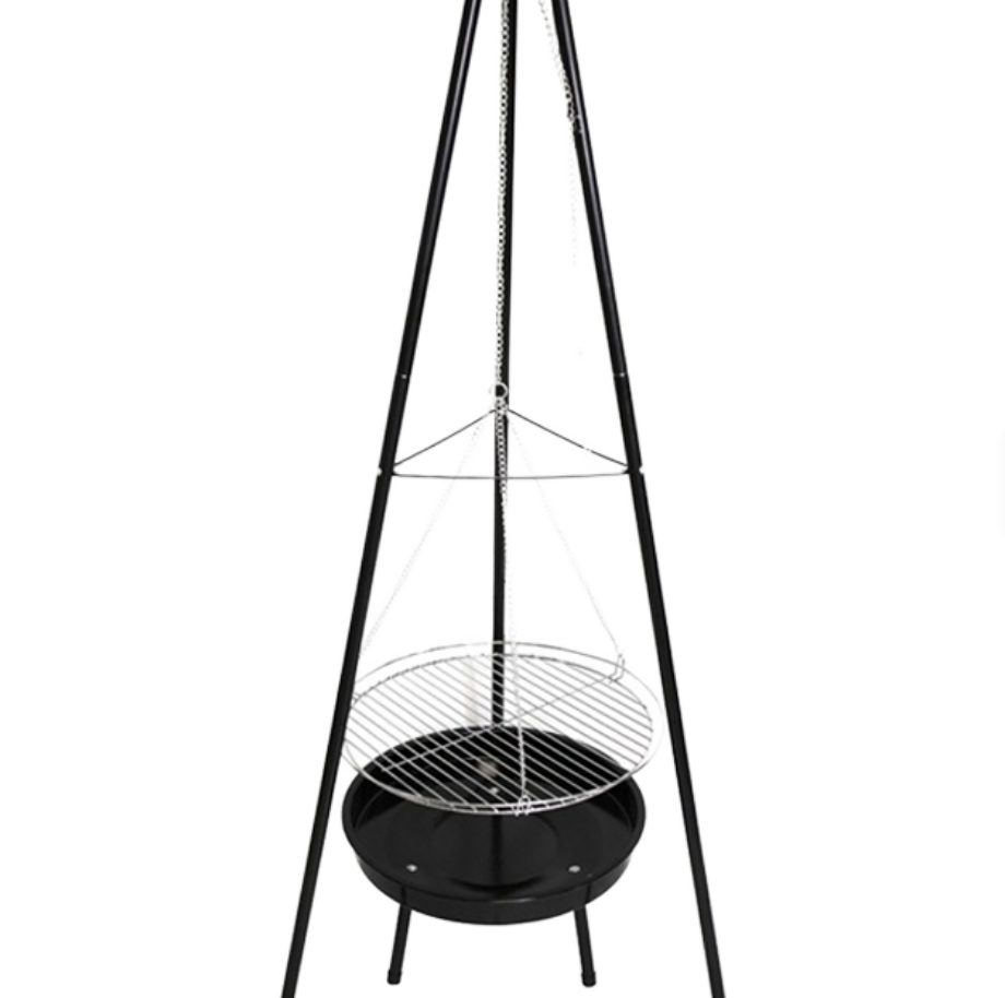 Outdoor Camping Fire Pit - Robuster Dreibein-Hängegrill mit Antihaftbeschichteter Eisen-Feuerstelle -